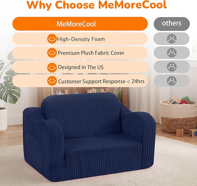MeMoreCool Toddler Corduroy Chair – 2-in-1 Foldable Sofa Bed, Navy | Ages 1–3, Lightweight & Compact, Washable Cover for Nursery & Travel