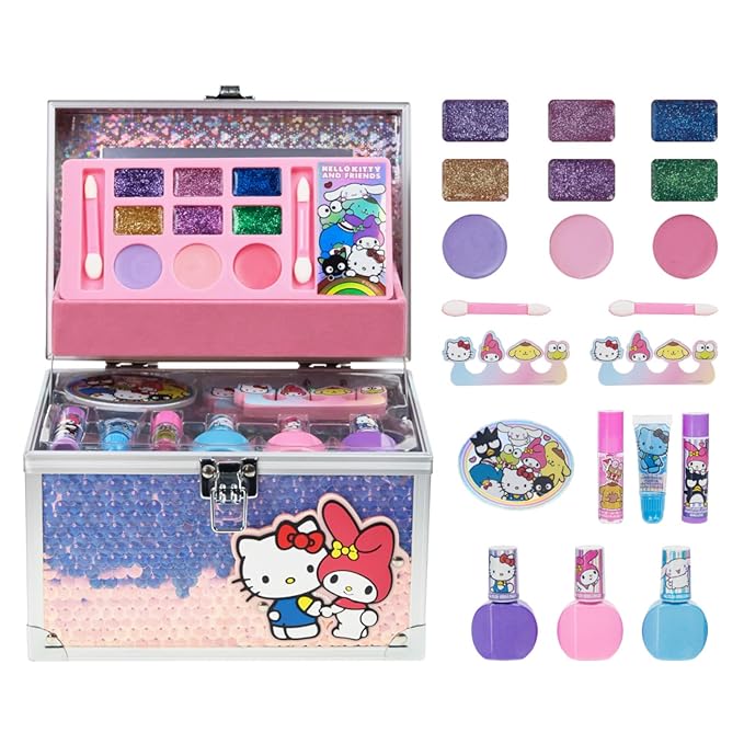 Hello Kitty & Friends Train Case Beauty Set, Kids Makeup Kit for Girls, Real Washable Makeup Set, Play Makeup, Party Favor, Birthday, Ages 3 4 5 6 7 8 9 10 11 12 by Townley Girl