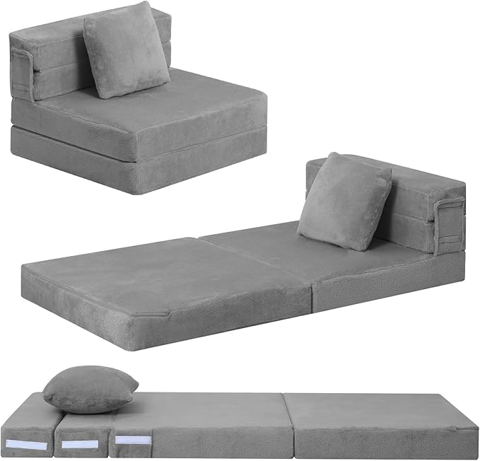 MeMoreCool Foldable Futon Chair Bed for Kids, Grey Tri-fold Convertible Toddler Sofa Mattress, Foam Floor Couch for Sitting