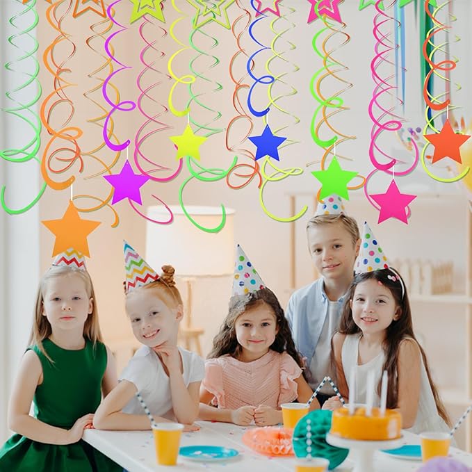 56 Pieces Rainbow Hanging Swirl Decorations Neon Swirl Streamers UV Neon Garland Ceiling Decorations Glow in The Dark Neon Party Supplies and Decorations Black Light Party Kit for Birthday Wedding