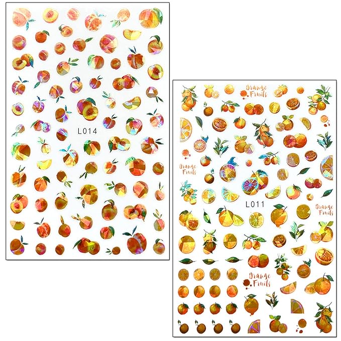 Fruits Nail Art Stickers 3D Self-Adhesive Nail Decals, Cherry Strawberry Watermelon Peach Orange Nail Sticker Decoration, Laser Glitter Nail Design for Women Girls Manicure Tips Nails Decal (6 Sheets)