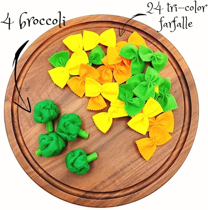 Pasta with broccoli, farfalle, bow tie pasta, felt play food for kids kitchen, pretend play for kids (tri-colors, set 4 (farfalle, broccoli))
