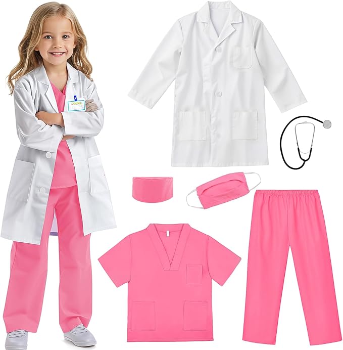 RioRand Doctor Costume for Kids With Stethoscope Lab Coat Career Day Costume Halloween Dress Up For Boys Girls 3-12