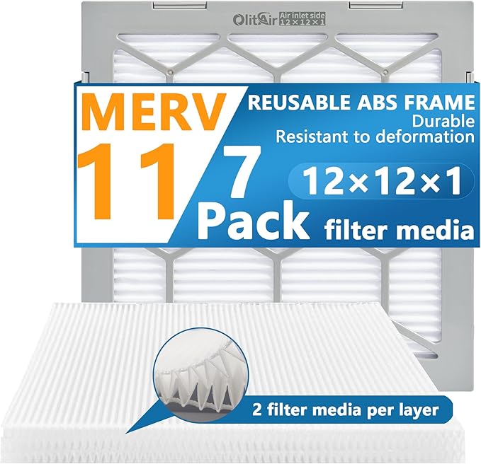 12x12x1 MERV 11 Air Filter,AC Furnace Air Filter,Reusable ABS Plastic Frame, 7 Pack Replaceable Filter Media (Actual Size: 11 3/4" x 11 3/4" x 3/4")