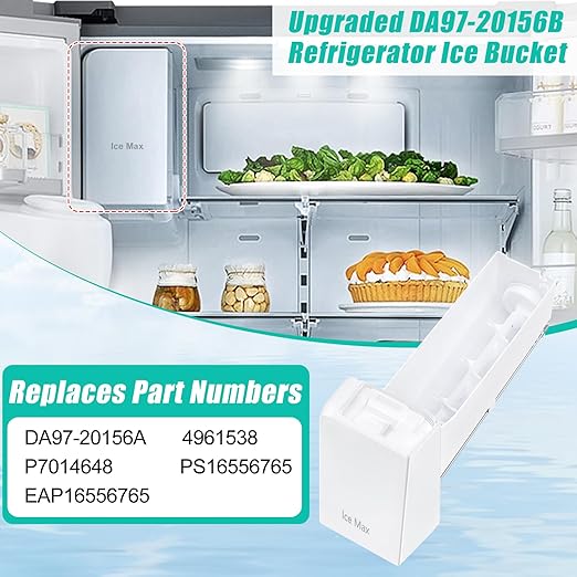Upgraded DA97-20156B Ice Maker Replacement Compatible with Samsung Refrigerator DA97-20156A Ice Container, Ice Bucket Tray w/Latch Plate fit Model RF28HMEDBSR, RF27T5241SG, RF28R6301SG Ice Bin