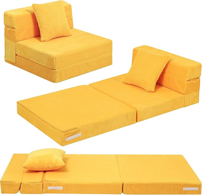MeMoreCool Folding Sofa for Kids, Corduroy Fold Out Futon Chair, Small Foldable Floor Mattress, Portable Children Couch Sofa, Yellow
