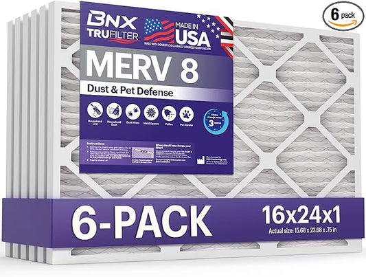 BNX TruFilter 16x24x1 Air Filter MERV 8 (6-Pack) - MADE IN USA – Dust & Pet Defense Pleated Air Conditioner HVAC AC Furnace Filters for Dust, Pet, Mold, Pollen MPR 600 – 700 & FPR 5