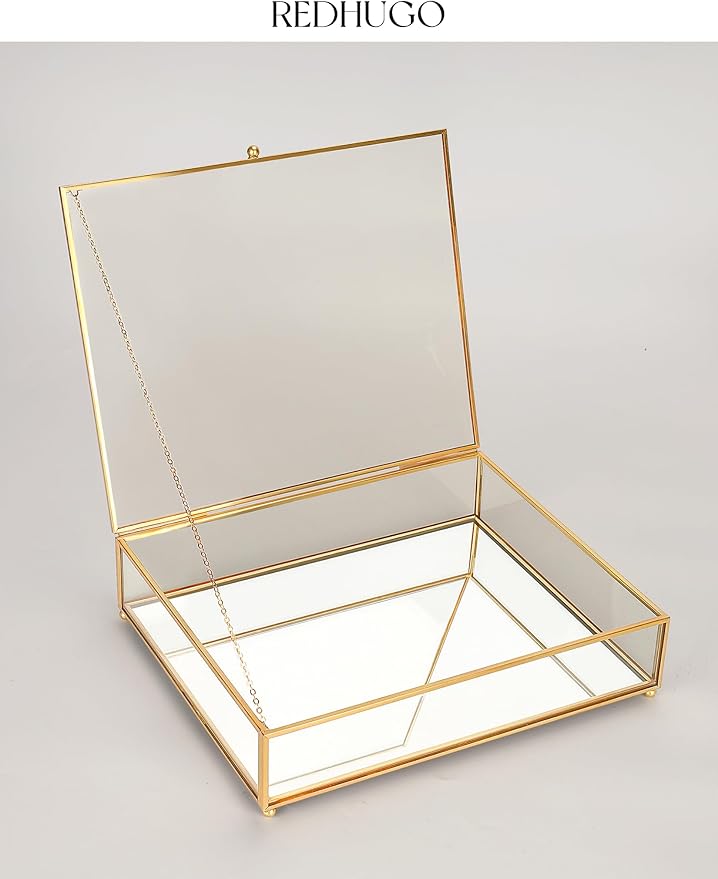 Large Glass Boxes for Display Handmade, Mirrored Bottom, Glass Jewelry Trinket Box with Lid, for Book, Photo, Keepsake Organizer, Display Case for Vanity Decor Home Dresser, Gold