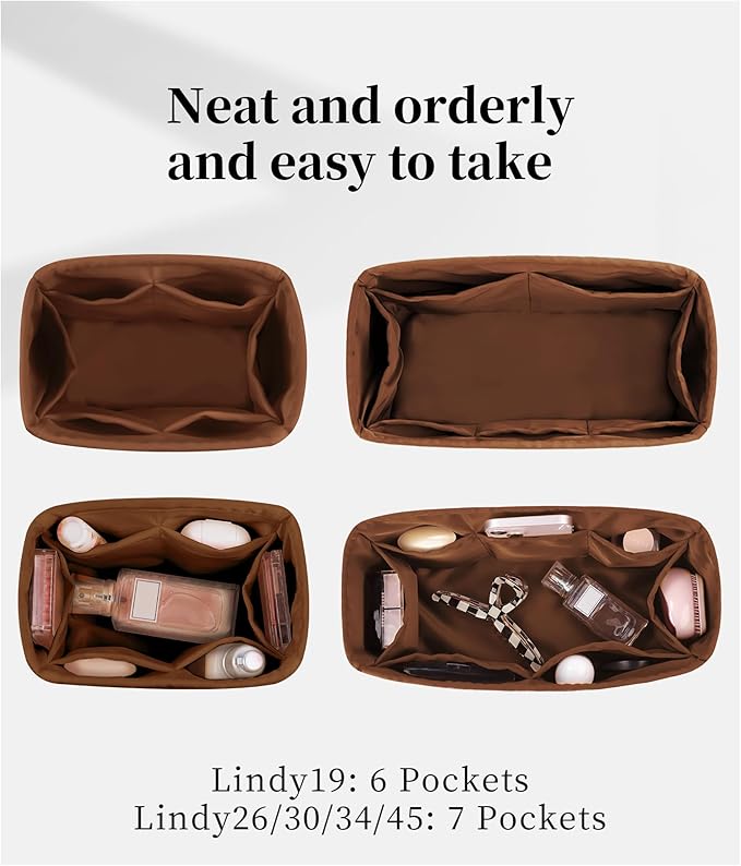 Lindy Bags Organizer Insert, Bag Storage with Silky Satins Material, Lightweight Inner Bag Compatible with Lindy 34 Bag Storage, Multiple Pockets Large Capacity (Gold, Lindy34)