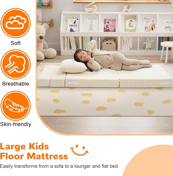 MeMoreCool Folding Sofa for Kids, Corduroy Fold Out Futon Chair, Small Foldable Floor Mattress, Portable Children Couch Sofa, Beige