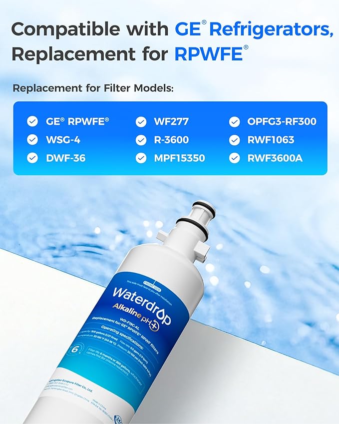 Waterdrop WD-F19C-AL Alkaline Refrigerator Water Filter, Enhances pH, Replacement for GE® RPWFE®, RPWF (Built-in CHIP) Refrigerator Water Filter, Compatible with GFE28GYNFS, GFE28GELDS