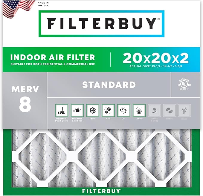 Filterbuy 20x20x2 Air Filter MERV 8 Essential Dust & Allergy Defense (1-Pack), Electrostatic Pleated HVAC AC Furnace Filters Replacement (Actual Size: 19.50 x 19.50 x 1.75)