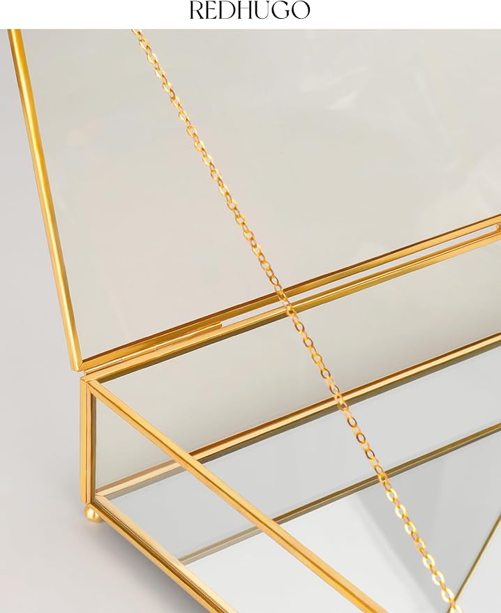 Large Glass Boxes for Display Handmade, Mirrored Bottom, Glass Jewelry Trinket Box with Lid, for Book, Photo, Keepsake Organizer, Display Case for Vanity Decor Home Dresser, Gold