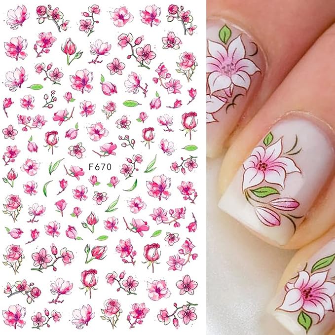 Flowers 3D Nail Decals Art Design - Holographic Peach Plum Blossom Lotus - Self-Adhesive Sticker Decoration for Women Manicure Tips Acrylic DIY Nails Art Supplies