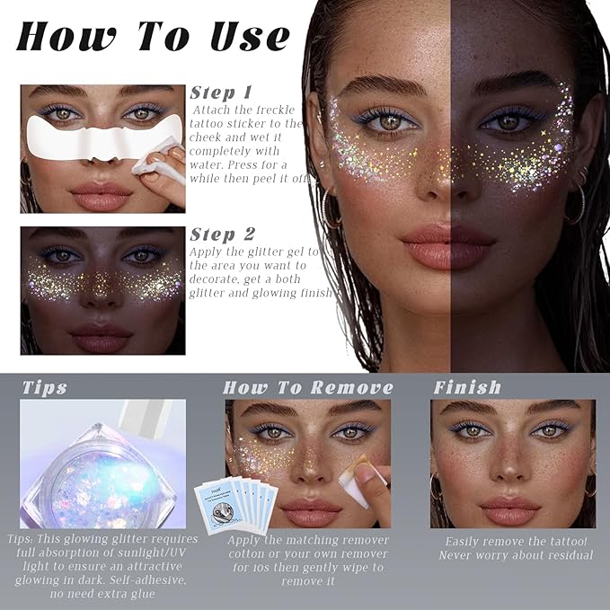 Noerrors Glitter Freckles Glow in Dark Mermaid Face Glitter Set Star Gold Freckle Makeup Patches Nightglow Sparkle Shimmer Cute Faux Speckles Tattoo Sticker for Singer Music Festival Christmas Party