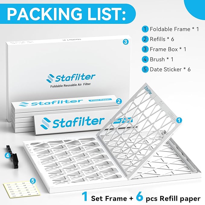 Reusable 14x14x1 Air Filter (MERV 8), 1 Foldable Frame + 6 Refills (Not Individual Filters), Greener HVAC AC Furnace Air Filters MPR 700&FPR 5(Actual Size:13.75"x13.75"x0.75")