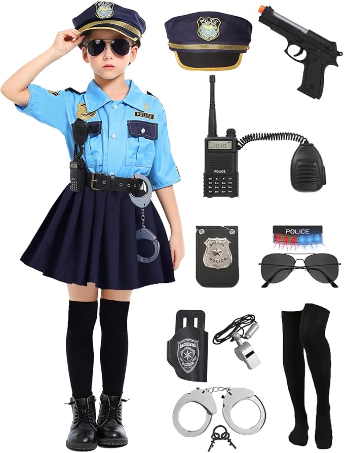 Police Costume for Girls Kid Halloween Costumes Police Officer Cosplay Outfit Toddler Cop Costume Set with Accessories