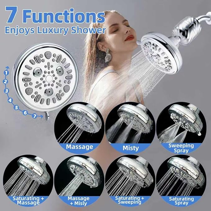 Filtered Shower Head High Pressure for Hard Water - 24 Stage Shower Filter Removes 99% Chlorine & Heavy Metals - Water Softener Showerhead with 7 Spray Settings for Dry Skin & Hair Loss