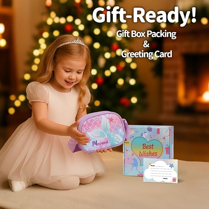 Girls Purse with Gift Box - Cute Toddler Purse for 3 4 5 6 7 8 Year Old Girls Birthday Christmas Gifts Kids Crossbody Bag with Adjustable Strap, Purple Mermaid