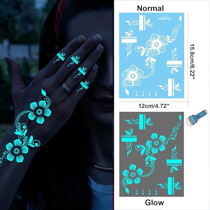 Realistic Flower Plant Blue Glow in the Dark Tattoo Temporary for Adult Women, Luminous Floral Leaf Butterfly Face Fake Tattoo Sticker Girl Arm Hand, Sexy Feather Temp Tatoo Body Art Makeup, 9-Sheet