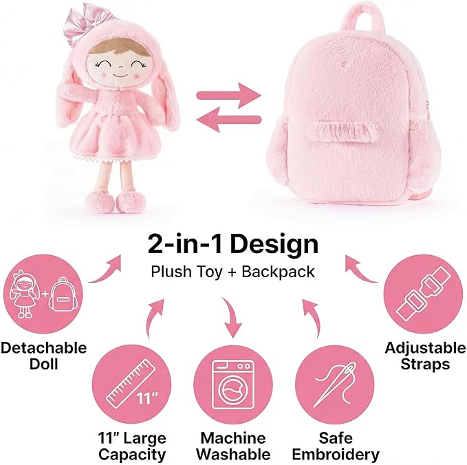 Gloveleya Toddler Backpack Plush Bag with Soft Pink Rabbit Doll Detachable Design 11inches Gift for Baby Girl 2+...