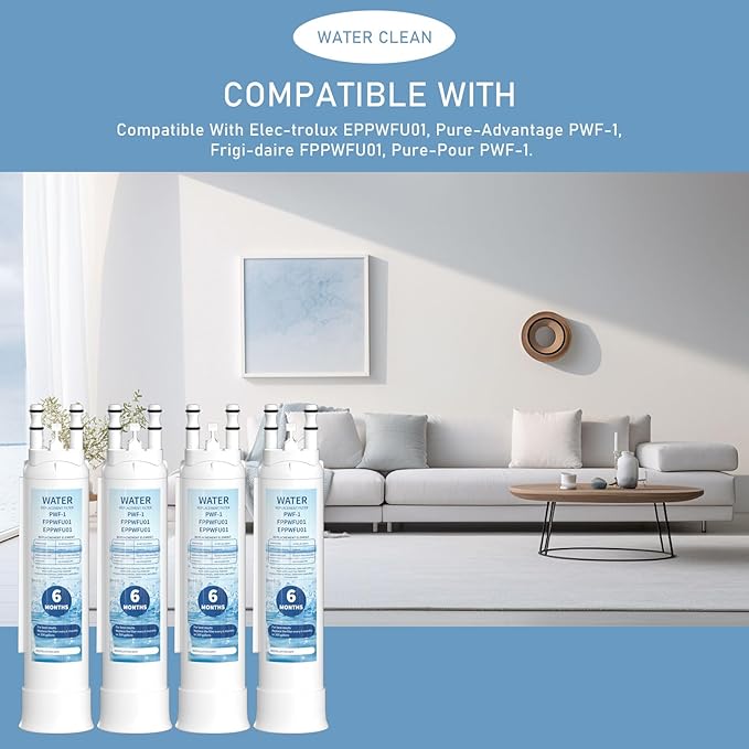 FPPWFU01 Water Filter Replacement Compatible With Frigidaire FPPWFU01 PurePour PWF-1, Electrolux EPPWFU01 PureAdvantage PWF-1 Water Filter, 4 Pack