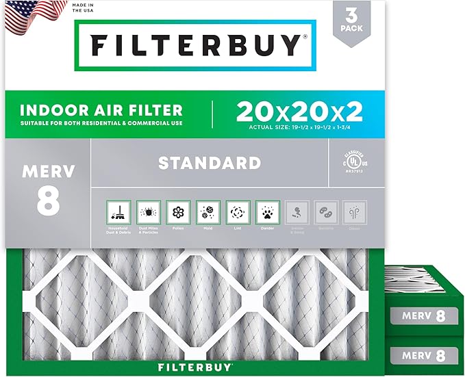 Filterbuy 20x20x2 Air Filter MERV 8 Essential Dust & Allergy Defense (3-Pack), Electrostatic Pleated HVAC AC Furnace Filters Replacement (Actual Size: 19.50 x 19.50 x 1.75)