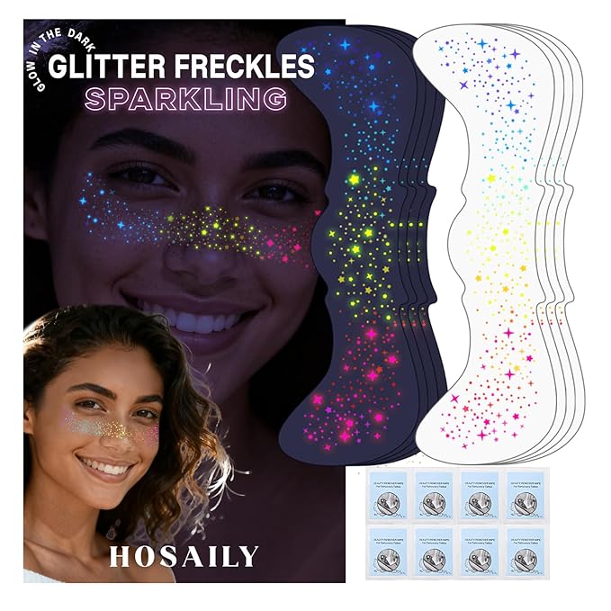 8pcs Rainbow Face Glitter Freckles Temporary Tattoos, Glow Under UV Light in The Dark Neon Blacklight Multichrome Fake Speckles Patches Makeup, Cute Star Rave Accessories for Party Festival