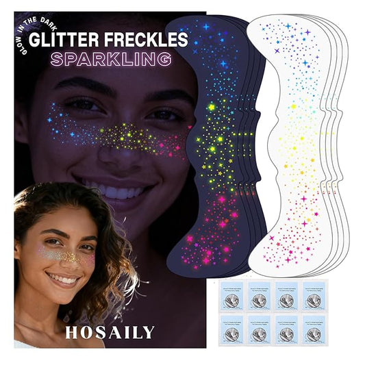 8pcs Rainbow Face Glitter Freckles Temporary Tattoos, Glow Under UV Light in The Dark Neon Blacklight Multichrome Fake Speckles Patches Makeup, Cute Star Rave Accessories for Party Festival