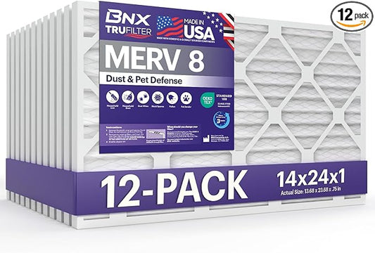 BNX TruFilter 14x24x1 Air Filter MERV 8 (12-Pack) - MADE IN USA – Dust & Pet Defense Air Conditioner HVAC AC Furnace Filters for Dust, Pet, Mold, Pollen MPR 600 – 700 & FPR 5