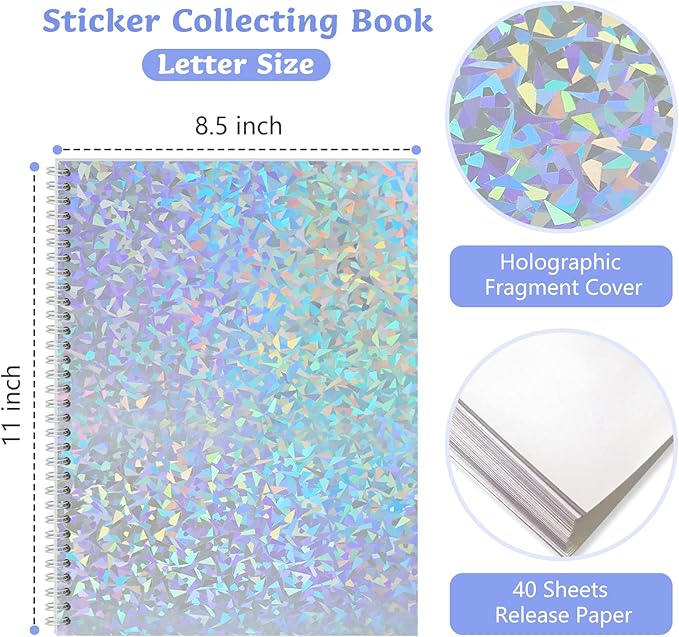 Large Reusable Sticker Book Collecting Album 8.5×11 Inch Sticker Storage Collection Organizer Book for Adult with 40 Sheets Letter Size Blank Release Paper and Holographic Cover (Fragment)