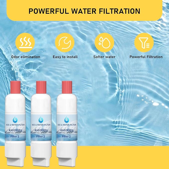 KAD2RXD1 Water Filter 2 Replacement, Compatible with KitchenAid KRFF577KPS, KRFF577KBS, KRMF536RPS, KRMF536RBS, KRQC736RPS, KRMF706ESS, KRMF706EBS, KRFF507HPS, 3 Pack