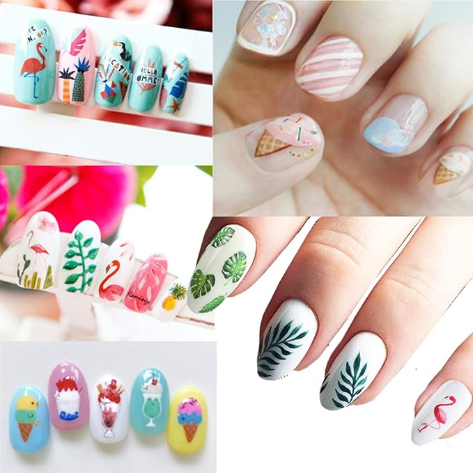 Summer Nail Art Stickers Holographic 3D Self-Adhesive Sticker Design Bikini Flamingo Beach Starfish Fruits Ice Cream Leaf Nail Art Decals for Women Girls Manicure Decoration DIY Nail Decal Supplies