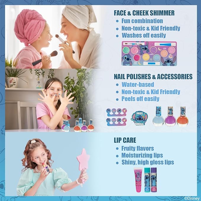 Stitch Train Case Beauty Set, Kids Makeup Kit for Girls, Real Washable Makeup Set, Play Makeup, Party Favor, Birthday, Ages 3 4 5 6 7 8 9 10 11 12 by Townley Girl