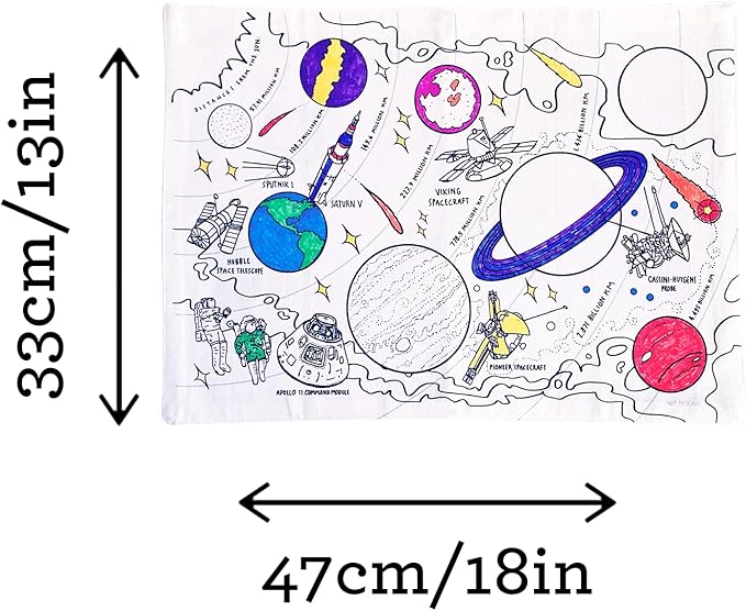 eatsleepdoodle Space, Planets and Spacecraft Cotton placemat to Color-in, Educational Solar System Coloring Placemat, Washable Felt tip Fabric Markers Included