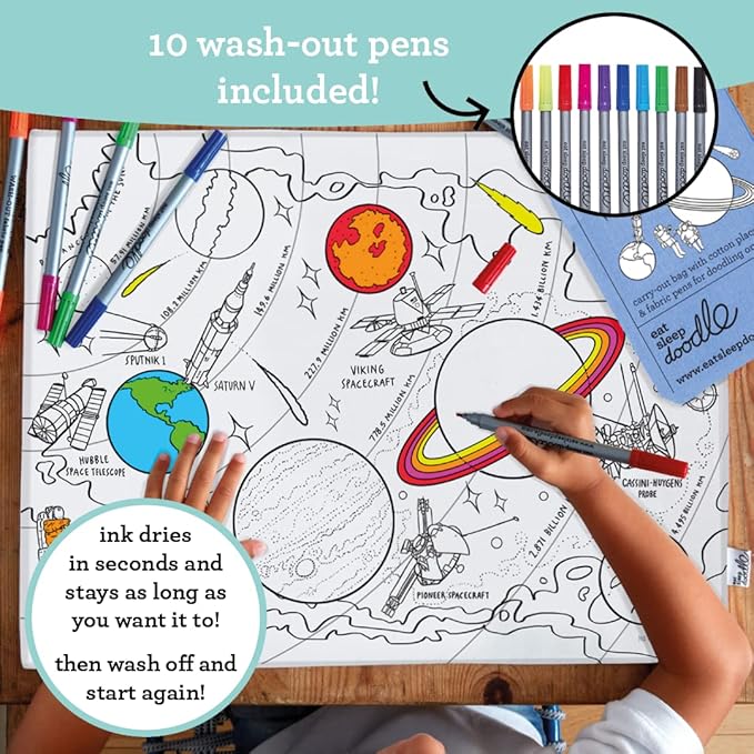 eatsleepdoodle Space, Planets and Spacecraft Cotton placemat to Color-in, Educational Solar System Coloring Placemat, Washable Felt tip Fabric Markers Included