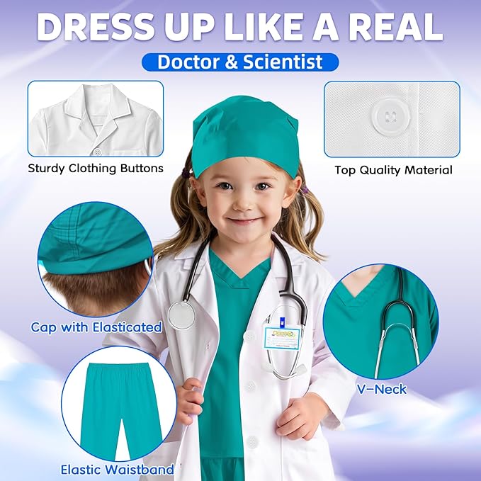 RioRand Doctor Costume for Kids With Stethoscope Lab Coat Career Day Costume Halloween Dress Up For Boys Girls 3-12
