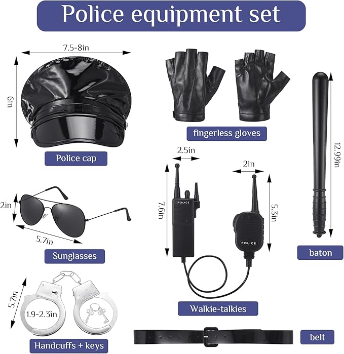 Mepase 7 Pcs Women Police Costume Accessories Women Police Officer Accessory Set Cop Costume with Baton Gloves Hat Belt and Walkie-talkie for Halloween