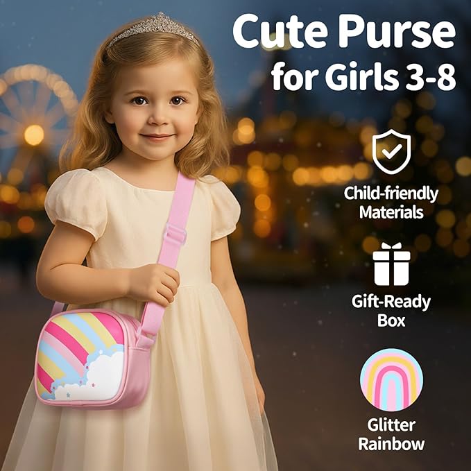 Girls Purse with Gift Box - Little Girl Purse for 3 4 5 6 7 8 Year Old Kids Birthday Christmas Gifts Cute Kids Crossbody Bag with Adjustable Strap, Pink Rainbow