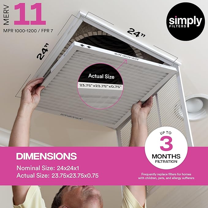 Simply 24x24x1 Air Filter, Merv 11, 4 Pack, For Home AC Furnace & HVAC (Actual Size: 23.75"x23.75"x0.75") DUST, Pet, & Allergy Control