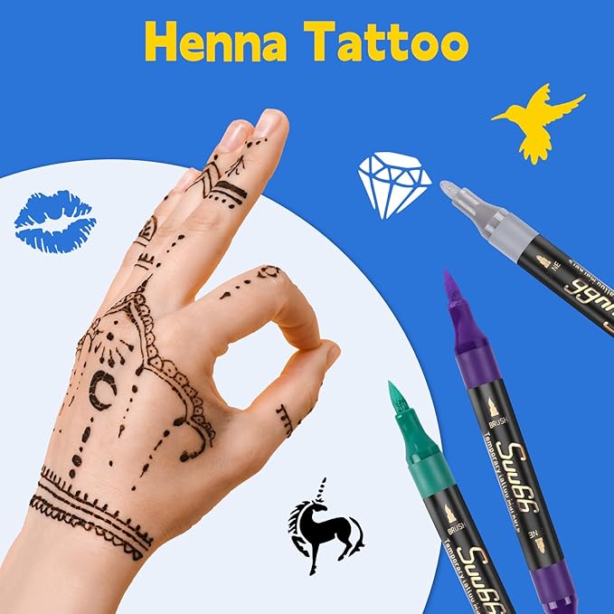 Temporary Tattoo Markers Kit, Dual-End 16 Colors with 80 Stencils for Body Art | Skin-Safe, Washable, Cosmetic-Grade | for Kids & Adults