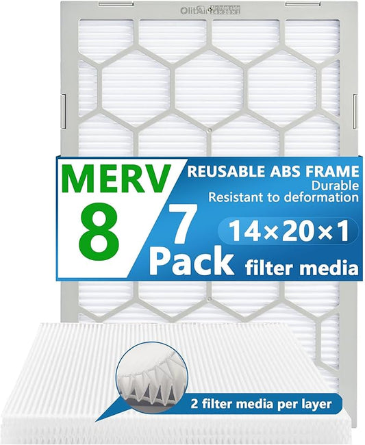 14x20x1 MERV 8 Air Filter,AC Furnace Air Filter,Reusable ABS Plastic Frame, 7 Pack Replaceable Filter Media (Actual Size: 13 3/4" x 19 3/4" x 3/4")