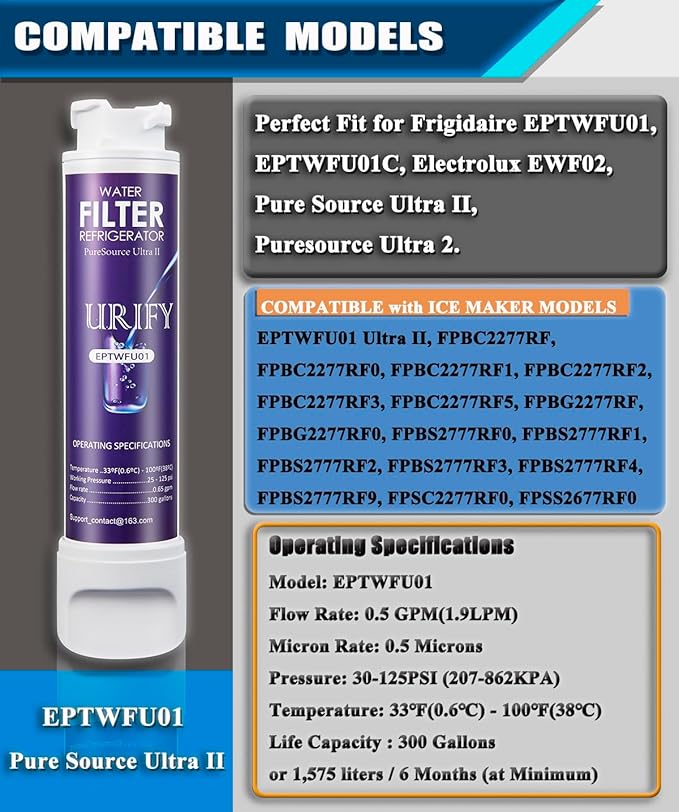Refrigerator EPTWFU01 Water Filter Replacement compatible for Frigidaire EPTWFU01, EWF02, Pure Source Ultra II, Puresource Ultra 2，SCWFTCTO, 1012505454226, 4562222 Water Filter (4 Pack)