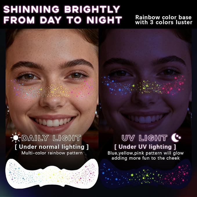 8pcs Rainbow Face Glitter Freckles Temporary Tattoos, Glow Under UV Light in The Dark Neon Blacklight Multichrome Fake Speckles Patches Makeup, Cute Star Rave Accessories for Party Festival