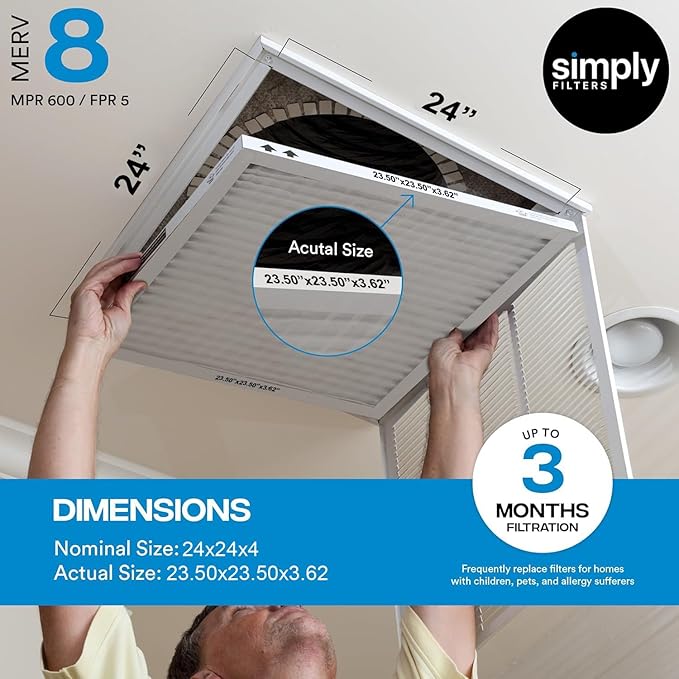 Simply 24x24x4 Air Filter, MERV 8, 4 Pack, Furnace Air Filter for HVAC (Actual Size: 23.5"x23.5"x3.63") DUST, Pet & Allergy Control