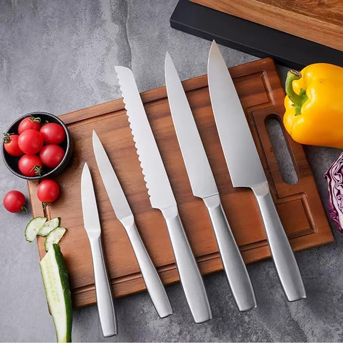 Silver Knife Set，6-Piece Stainless Steel Non-stick Dishwasher Safe Kitchen Knife Block Sets,With Double Sided Wooden Magnetic Block Holder,Gift for Housewarming Cooking Wedding