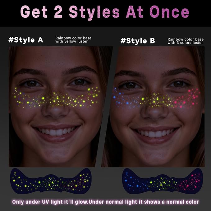 Noerrors 12pcs Rainbow Freckles Face Tattoo Sticker Glow under UV Light Blacklight in the Dark, Neon Fluorescent Glitter Colorful Fake Faux Freckle Temporary Patches Makeup for Party Supplies #01+02