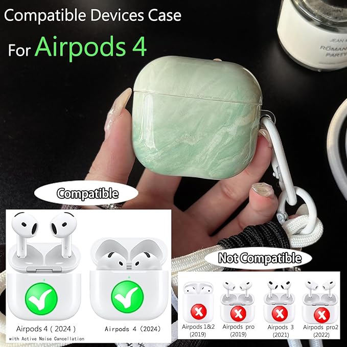 Marble Green AirPods 4 Case for Women, Fashion Shockproof TPU Protective Cover with Adjustable Neck Strap & Hand Strap, Cute Travel Accessories Compatible with AirPods 4/4 Noise Cancelling