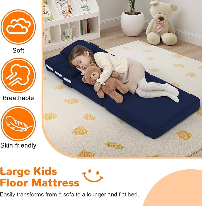 MeMoreCool Foldable Futon Chair Bed for Kids, Toddler Sofa Mattress, Convertible Foam Floor Couch, Tri-fold Sleeping Mattress (Navy)