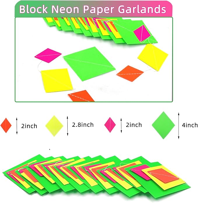 122feet Neon Streamers Glow Garland Glow in The Dark Block Hanging Paper Ornaments Blacklight Reactive Fluorescent Black Light Party Kit Neon Glow Party Supplies and Decorations for Birthday Wedding